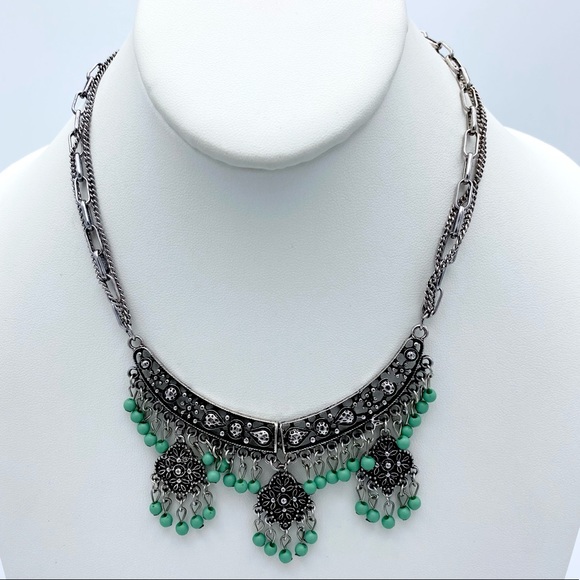 Southwestern Boho Silver Tone Multi Strand Dangling Beaded Statement Necklace - Picture 13 of 14